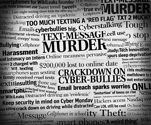 コラージュ cyberbully ヘッドライン - stack of newspapers 写真 ストックフォトと画像