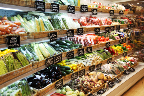 Supermarket displaying all kind of organic vegetables.