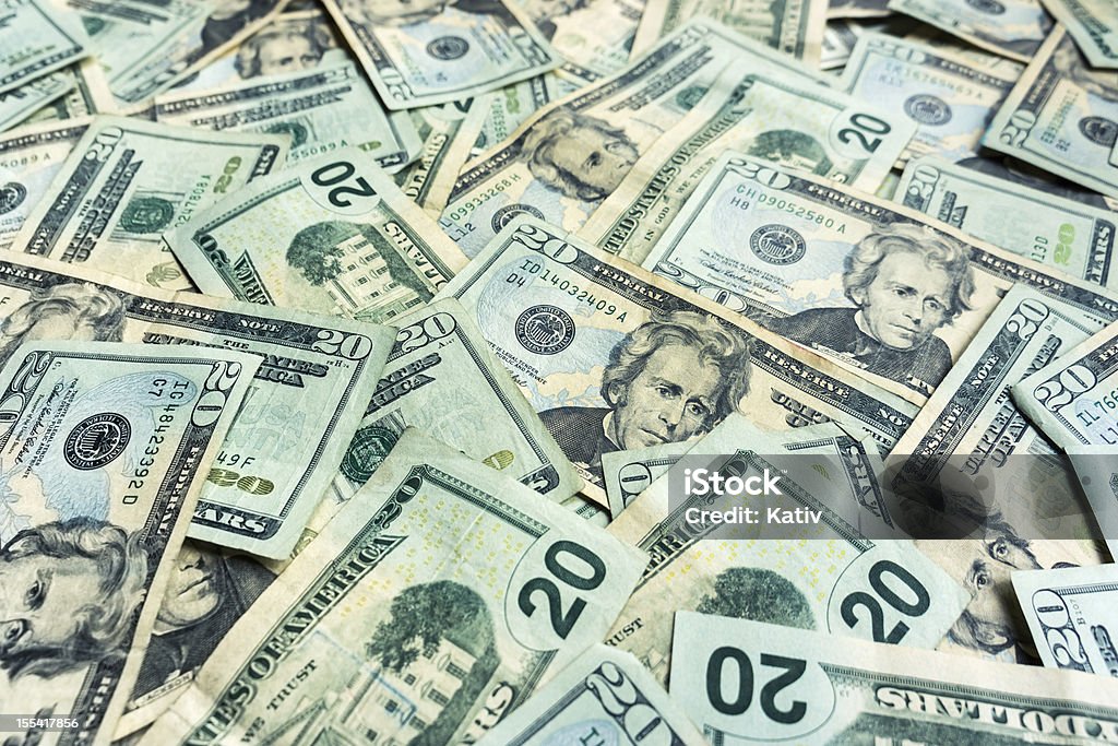 Money Pile $20 dollar bills Twenty dollar bills money pile.  US Paper Currency Stock Photo