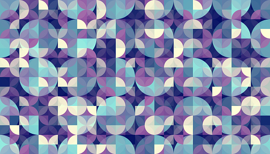 Seamless blue and purple Bauhaus abstract vector shapes and circles background illustration for use as background template for business documents, cards, flyers, banners, advertising, brochures, posters, digital presentations, slideshows, PowerPoint, websites