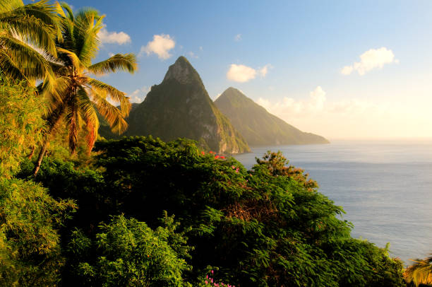 istock St. Lucia's Twin Pitons lit by sunset glow 155418728