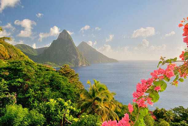 St. Lucia's Twin Pitons lit by sunset glow stock photo