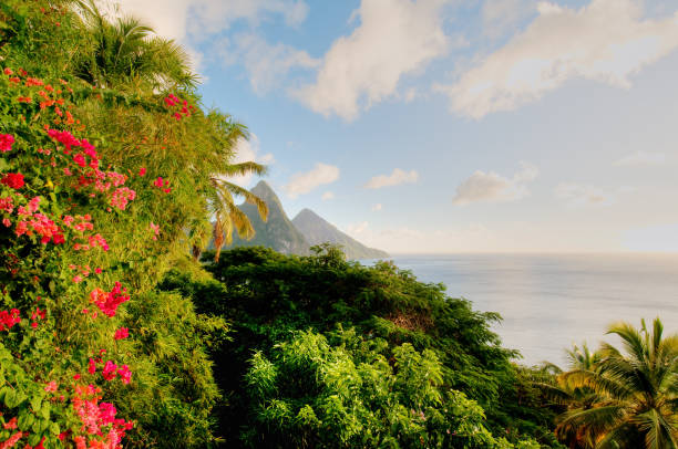 istock St. Lucia's Twin Pitons lit by sunset glow 155418765