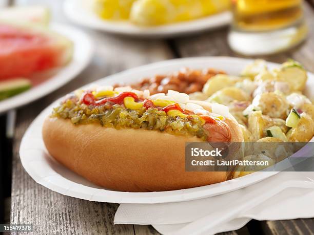 Hotdog Bbq Com Uma Cerveja - Fotografias de stock e mais imagens de Prato de Papel - Prato de Papel, Comida, Cachorro-quente