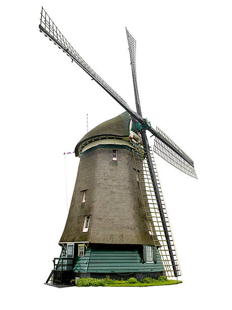 dutch windmill con trazado de recorte - thatched roof fotografías e imágenes de stock