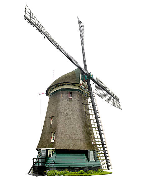 Dutch windmill with clipping path A brown Dutch windmill is isolated on a white background.  The base of the windmill is teal with a porch and large window.  A small patch of green grass can be seen along the side of the windmill.  The windmill appears to be functional. amsterdam photos stock pictures, royalty-free photos & images