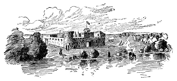 The original Bent's Old Fort in Colorado, USA. Vintage etching circa 19th century. The fort was reconstructed in 1976.