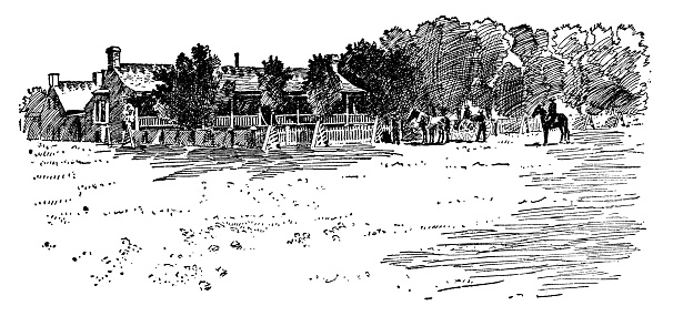 Lucien Maxwell’s house (The Maxwell House) at Philmont Scout Ranch in Cimarron, New Mexico, USA. Vintage etching circa 19th century. The ranch house spanned larger than a city block and was used for entertaining many famous and infamous people of the Wild West.
