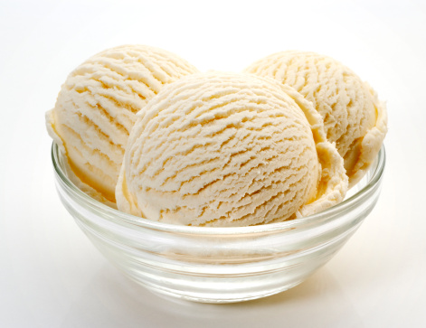 Three scoops of vanilla ice cream in a glass bowl