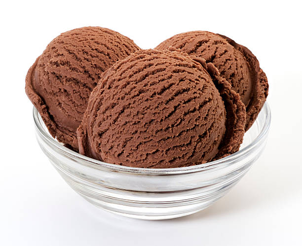 Chocolate ice cream Three scoops of chocolate ice cream in a glass bowl scoop shape photos stock pictures, royalty-free photos & images