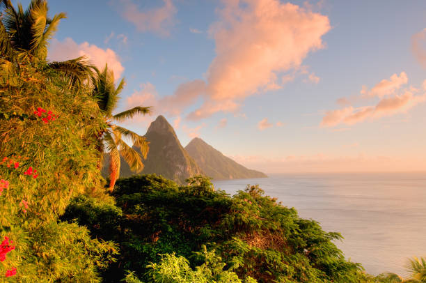 istock St. Lucia's Twin Pitons lit by sunset glow 155419707