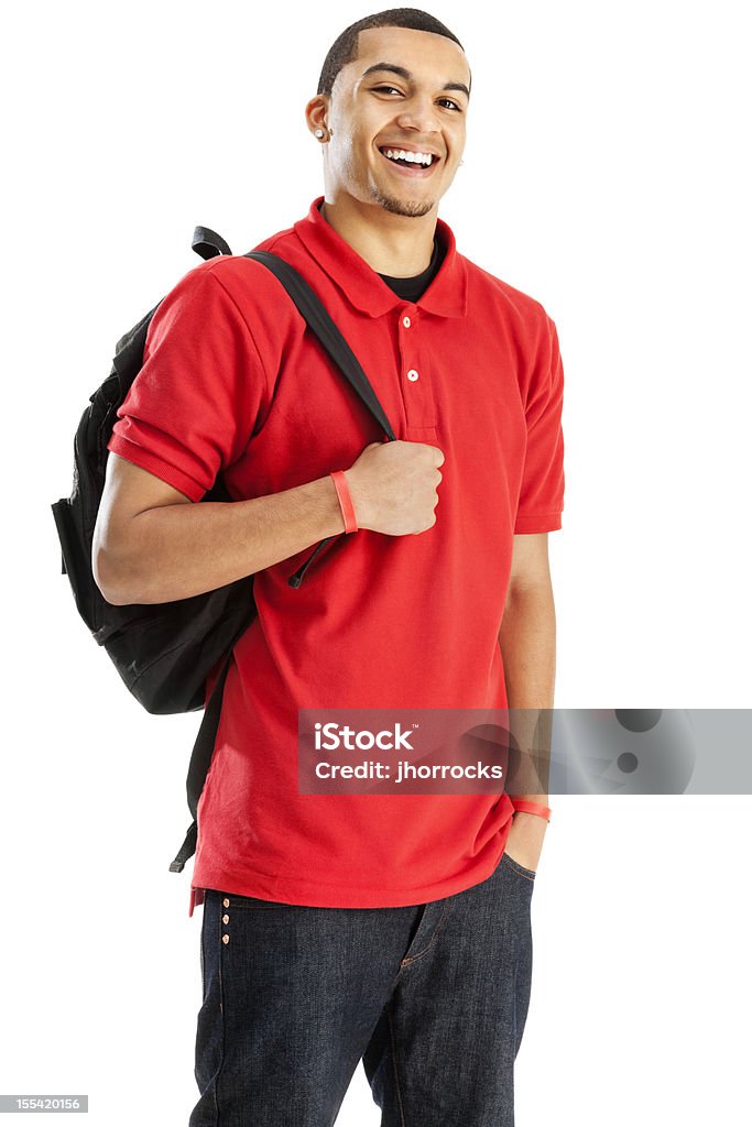 Cheerful Student with Book Bag Photo of a young African Amercan male student in red, carrying a book bag over one shoulder; isolated on white. Cut Out Stock Photo