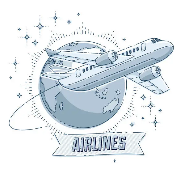 Vector illustration of Plane airliner with earth planet and ribbon with typing, airlines air travel emblem or illustration. Beautiful thin line vector isolated over white background.