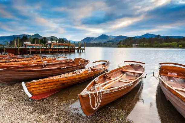 Keswick launch boats on the edge of Derwent Water in the Lake District National Park. XL image size.