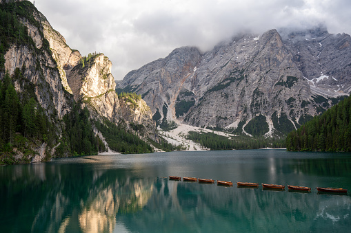 Beautiful landscape of Lake Braies with turquoise water and high Dolomites mountains