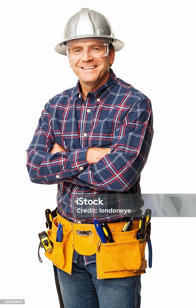 Macho Carpenter con cinturón de herramientas aisladas - Foto de stock de Cinturón libre de derechos