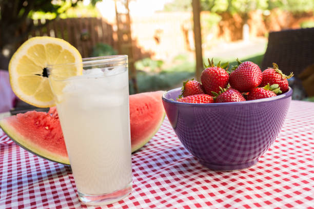 Lemonade, Watermelon and Strawberries on red gingham