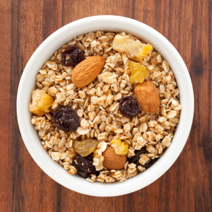 Top view of white bowl full of granola