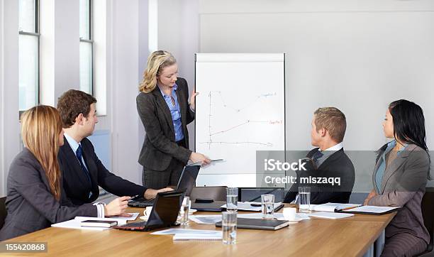 Mujer Rubia Presente Gráfico En Un Rotafolio Durante Una Reunión De Negocios Foto de stock y más banco de imágenes de Actuación - Representación