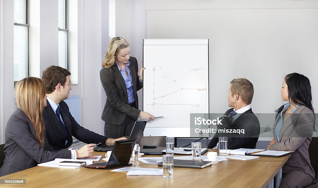 Loira fêmea apresentar gráfico no flipchart durante uma reunião de negócios - Foto de stock de Performance royalty-free