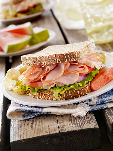 ham and cheese sandwich at a picnic - skink och potatissallad bildbanksfoton och bilder