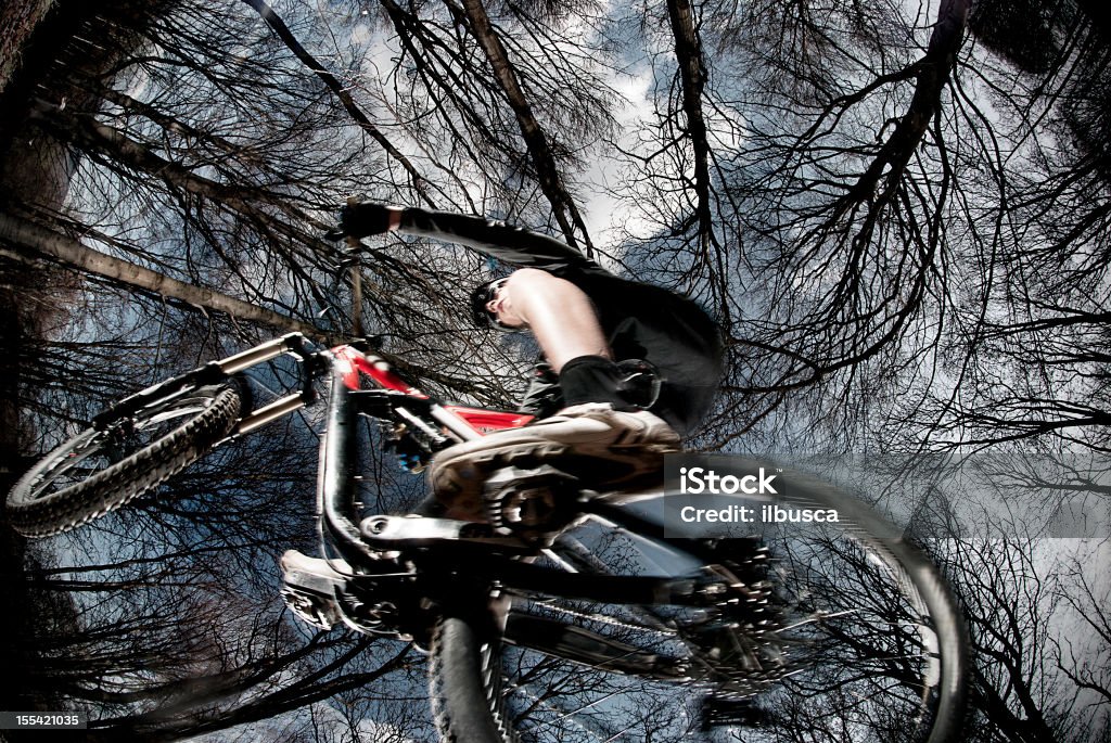 활강 enduro 산악 자전거 점프 in the woods - 로열티 프리 어안 렌즈 스톡 사진