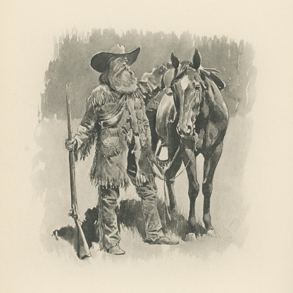 A Trapper and His Pony, painting by Frederic Remington. Vintage etching circa 19th century.