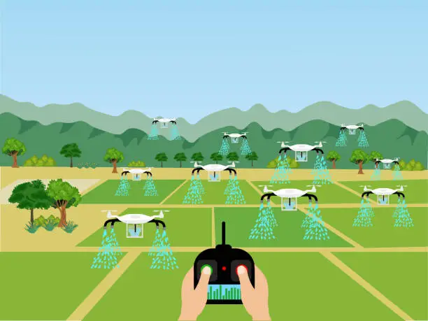 Vector illustration of smart agriculture technology and irrigation drones