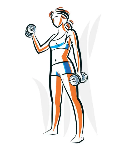 Vector illustration of Young attractive woman with perfect muscular body training vector illustration isolated, sport exercises active lifestyle.
