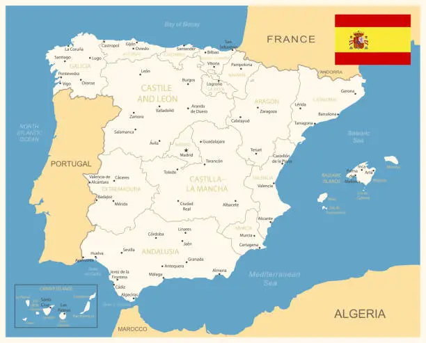 Vector illustration of Spain - detailed map with administrative divisions and country flag. Vector illustration