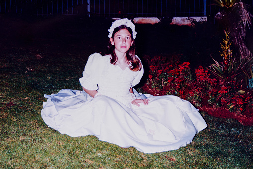 Vintage portrait of girl having her first communion in Brazil.