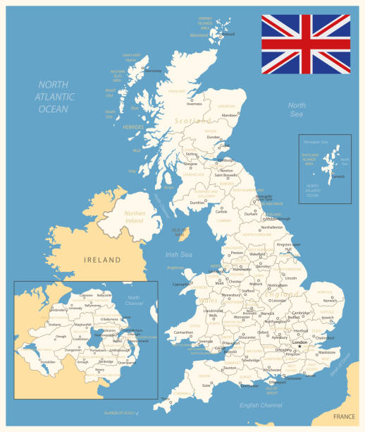 ilustrações, clipart, desenhos animados e ícones de reino unido - mapa detalhado com divisões administrativas e bandeira do país. ilustração vetorial - uk map british flag england