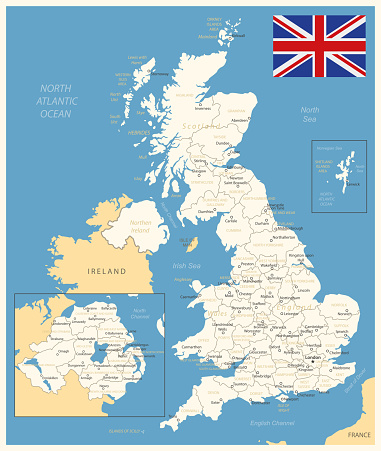 United Kingdom- detailed map with administrative divisions and country flag. Vector illustration