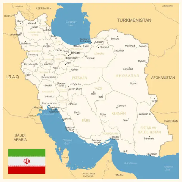Vector illustration of Iran - detailed map with administrative divisions and country flag. Vector illustration