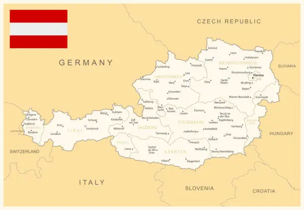 Vector illustration of Austria - detailed map with administrative divisions and country flag. Vector illustration