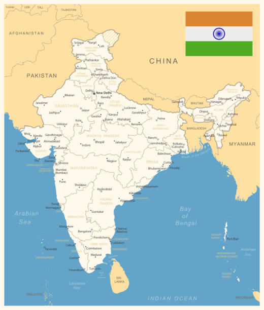 индия - подробная карта с административным делением и флагом страны. векторная иллюстрация - india capital cities new delhi map stock illustrations