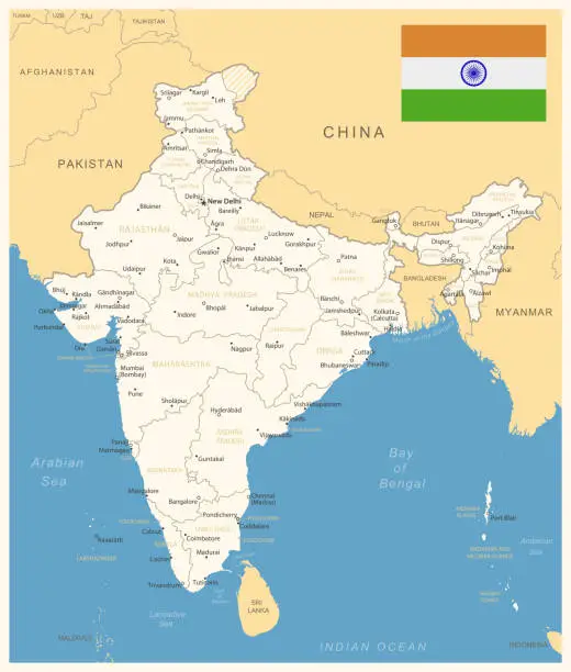 Vector illustration of India - detailed map with administrative divisions and country flag. Vector illustration
