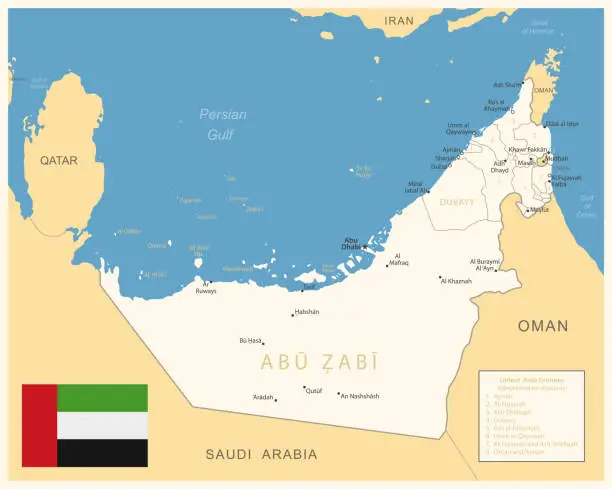 Vector illustration of United Arab Emirates - detailed map with administrative divisions and country flag. Vector illustration