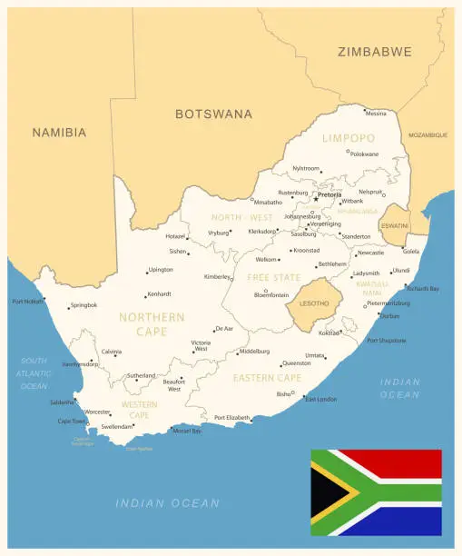 Vector illustration of South Africa - detailed map with administrative divisions and country flag. Vector illustration