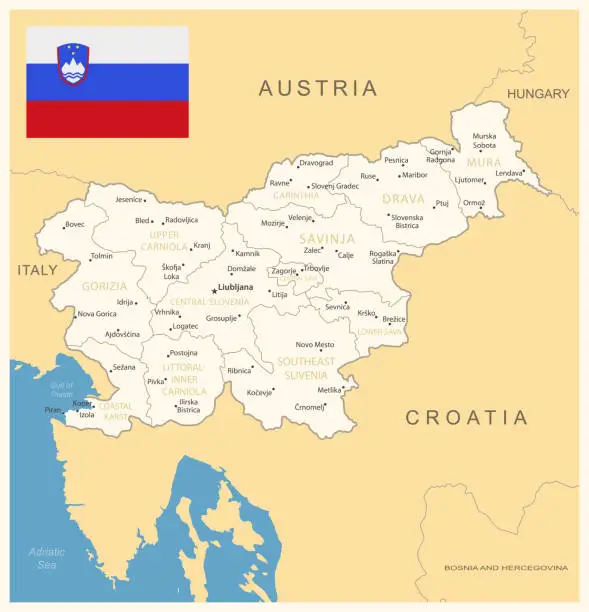 Vector illustration of Slovenia - detailed map with administrative divisions and country flag. Vector illustration