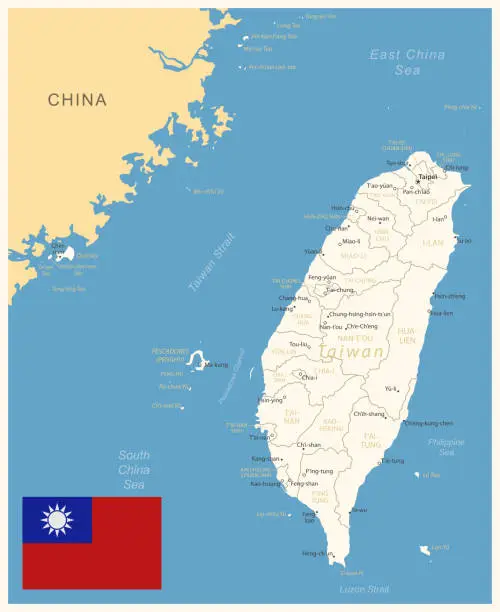 Vector illustration of Taiwan - detailed map with administrative divisions and country flag. Vector illustration