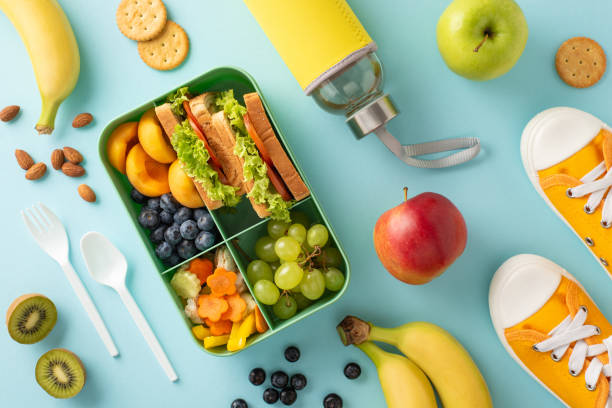 istock Take a breather from learning: high angle shot showcasing lunch box with vegan sandwiches, yummy fruits, vegetables, berries and nuts, water bottle and sneakers on pastel blue isolated background 1554253366
