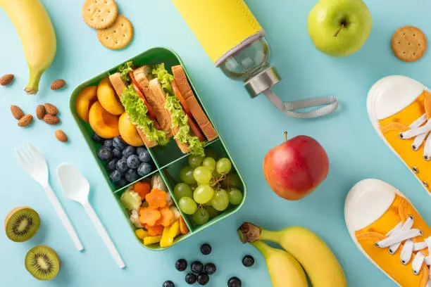 Photo of Take a breather from learning: high angle shot showcasing lunch box with vegan sandwiches, yummy fruits, vegetables, berries and nuts, water bottle and sneakers on pastel blue isolated background