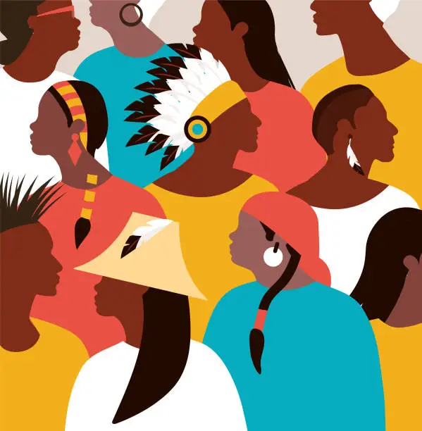Vector illustration of Crowd of indigenous peoples