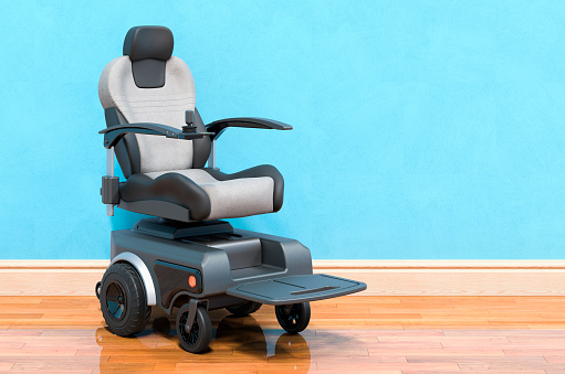 Motorized Power Chair in room near wall, 3D rendering