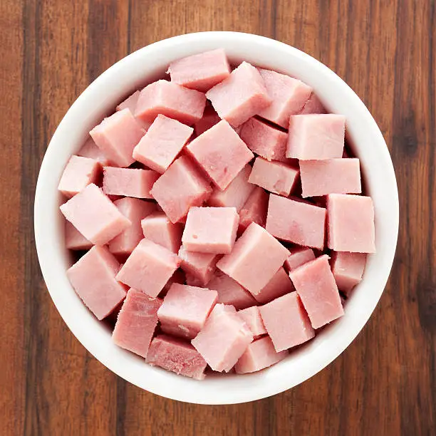 Top view of white bowl full of diced ham