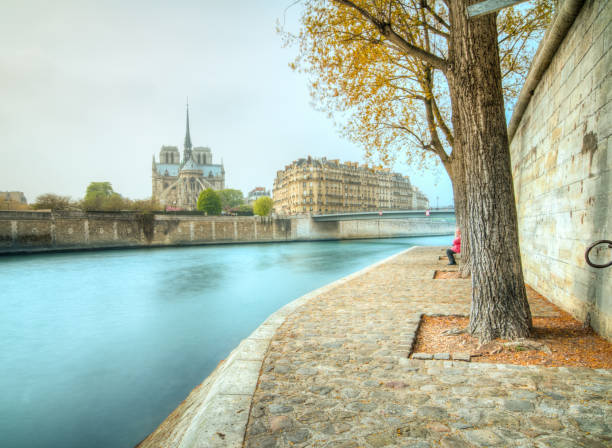 Paris, France: The Notre Dame Cathedral under scaffolding, with construction cranes looming overhead. The Seine is in the foreground, and a little bit of Île Saint-Louis is visible on the right. Repairs have been going on since 2019 when a devastating fire broke out in its roof.