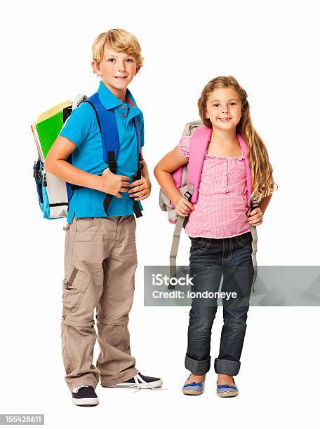 Scuola Di Tempo Isolato - Fotografie stock e altre immagini di Bambino - Bambino, Sfondo bianco, Zaino da montagna