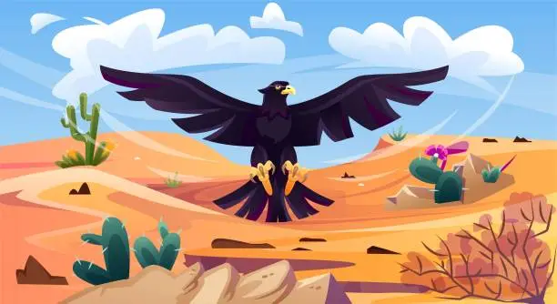Vector illustration of Black eagle over desert