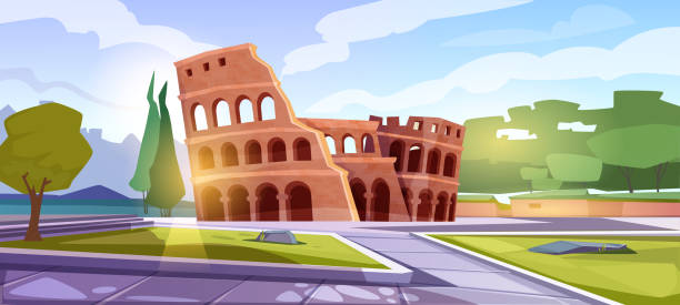 Ancient historic coliseum scenery vector Ancient historic coliseum scenery. Poster with horizontal landscape and popular architectural landmark of Rome. Summer Italian park with colosseum and trees. Cartoon flat vector illustration gladiator shoe stock illustrations